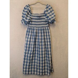 R. Vivimos Women's Size S Blue Gingham Midi Dress Smocked Puff Sleeve